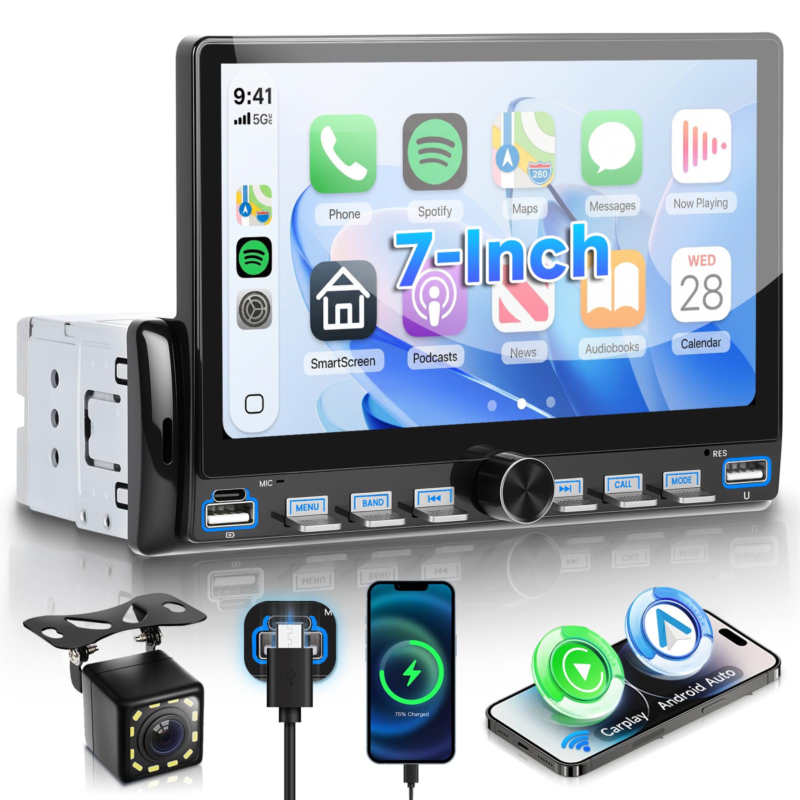 VECHTEL Autoradio 1 Din Touches de Piano avec Carplay Android Auto sans Fil, 7 Pouces IPS HD Écran Tactile Poste Radio Voiture Soutien Bluetooth Radio FM EQ USB/Type-C Mirror Link SWC Caméra de Recul