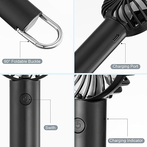 Miniatura 5 de GAFres Ventilador de mano portátil con hebilla de escalada, mini ventilador personal recargable por USB, 3 velocidades, ventilador de maquillaje
