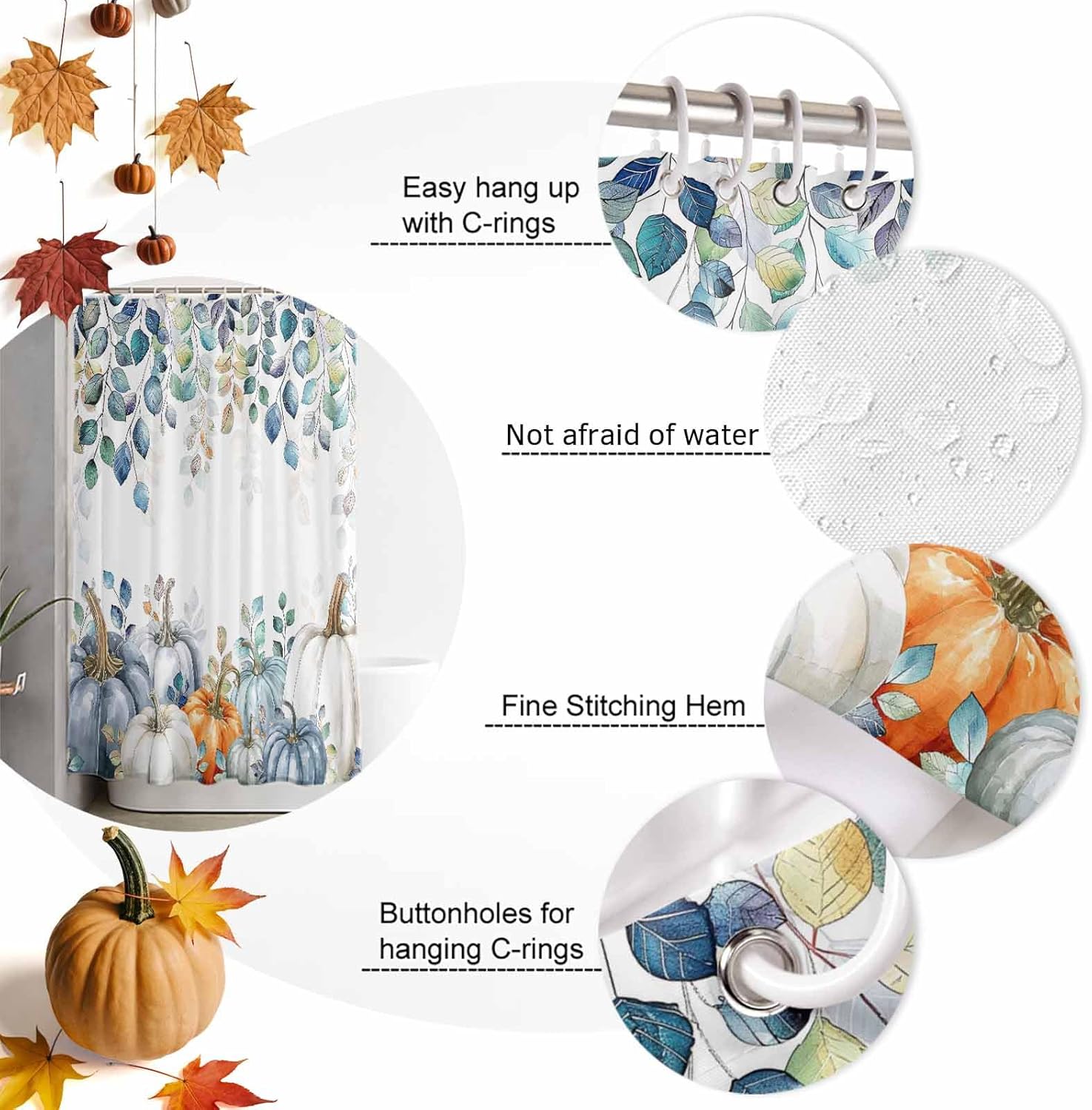 Fall Shower Curtain Blue Eucalyptus Leaves Pumpkin Bathroom Curtains with Hooks, Waterproof Fabric Autumn Watercolor Leaf Harvest Thanksgiving Shower Curtains Set for Bathroom Bathtubs Holiday 72x72