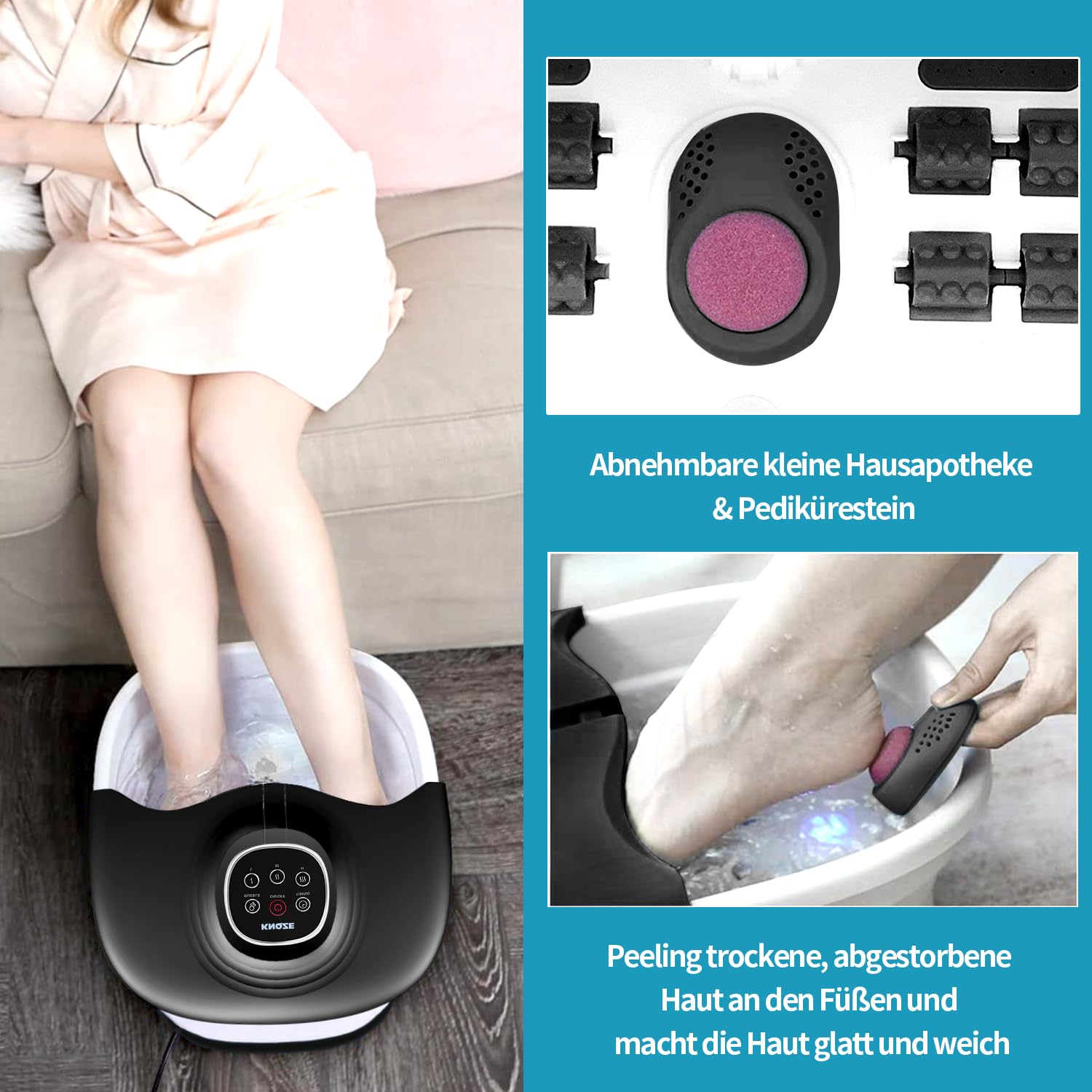 Bañera Spa Masajeador Para Pies, Hidromasaje Para Pies, Masajeador de Pies Plegable con Calefacción, ControlRemoto, Burbujas, Piedra Pómez, Temporizador, 16 Rodillos, Negro
