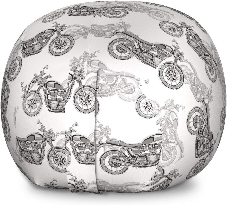 Ambesonne Motorcycle Storage Toy Bag Chair, Realistic Grayscale Illustration of Classic Motorcycles Many Details, Stuffed Animal Organizer Washable Bag, Large Size, Black White