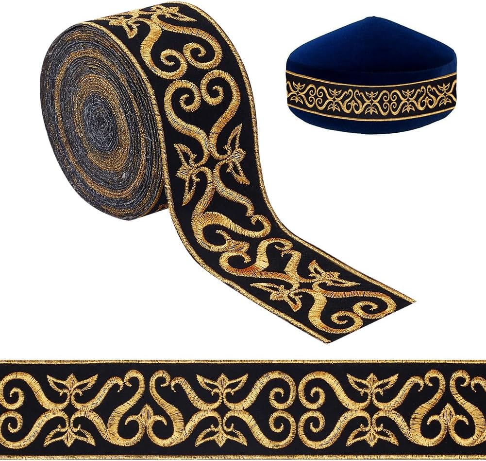 NBEADS 4.9 Yards Black Gold Jacquard Ribbon Trim, 1.9 Inch Hot Adhesive Floral Embroidery Woven Ribbon Iron on Sew on Fringe Band Fabric Trim for Sewing Clothing Home Decor Wedding Bag Straps