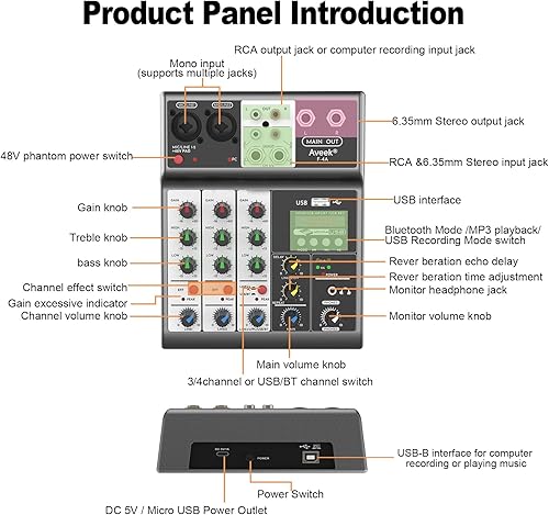 Miniatura 6 de Aveek Mezclador de audio profesional, consola de mezcla de tablero de sonido con 4 canales USB digital Bluetooth Echo Delay Effect, entrada 48V
