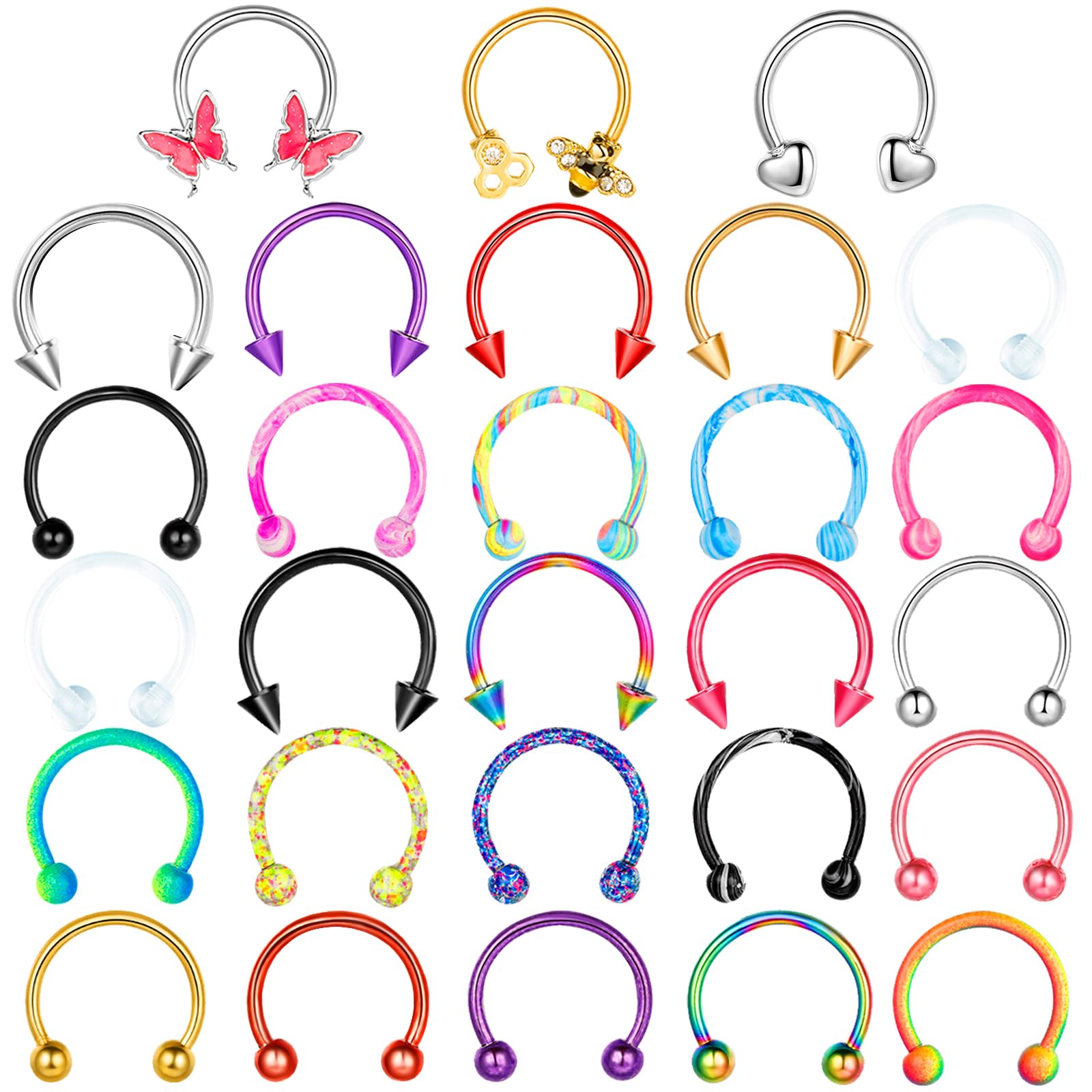 AUGVO 28 Pcs Septum Rings 16G Septum Jewelry Septum Rings for Women Septum Piercing Lip Rings Nose Piercing Jewelry Tragus Horseshoe Earrings Hypoallergenic Stainless Steel 10mm, STAINLEES STEEL, cz