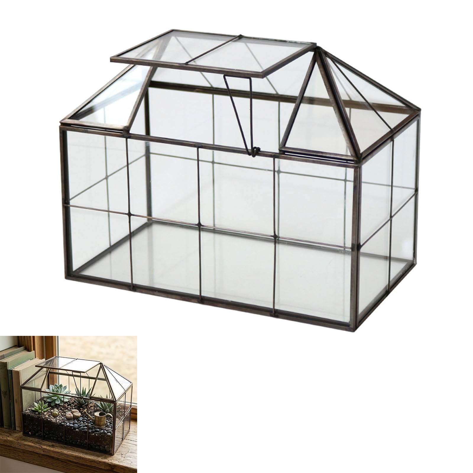 Decoración de terrario para alféizar de Ventana, Caja de exhibición de Vidrio Transparente con Techo con bisagras para diseños de Plantas, colocación de Escritorio y Uso de visualización de Anfibios,