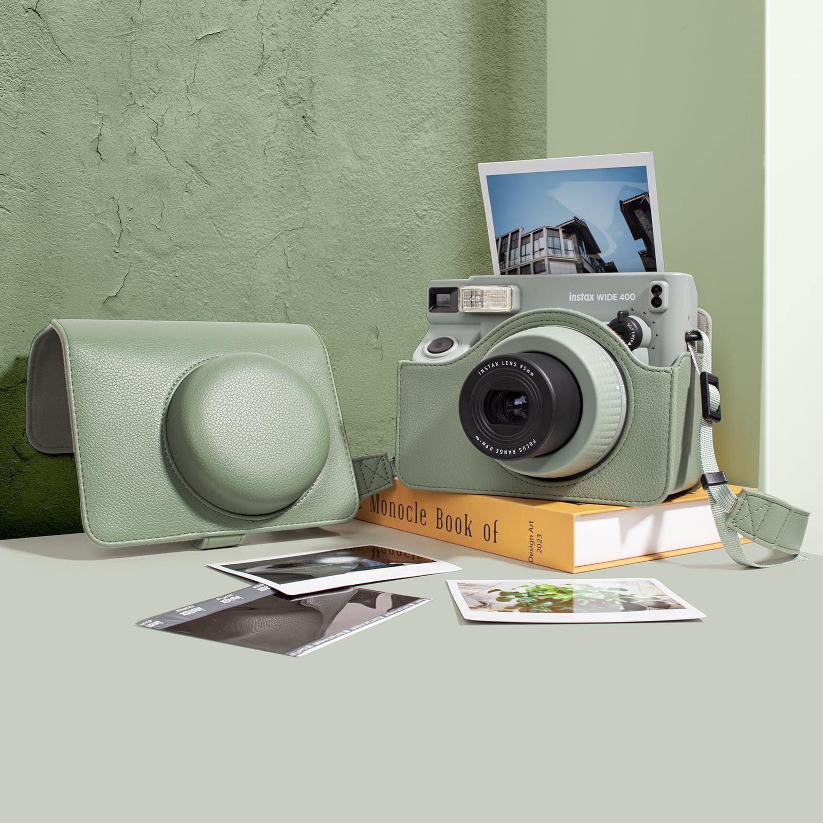 MUZIRI KINOKOO Custodia Compatibile per Instax Wide 400 Instant Camera, Custodia Protettiva in Pelle PU per Fuji Instax Wide 400 Instant con Tracolla Regolabile - Verde