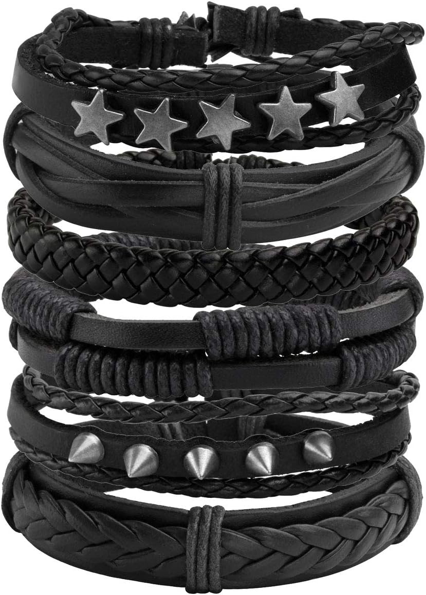 Manfnee 6PCS Punk Braided Faux Leather Cuff Bracelets for Men Women - Adjustable Wrap Wristbands Black Brown