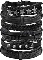 Manfnee 6PCS Punk Braided Faux Leather Cuff Bracelets for Men Women - Adjustable Wrap Wristbands Black Brown
