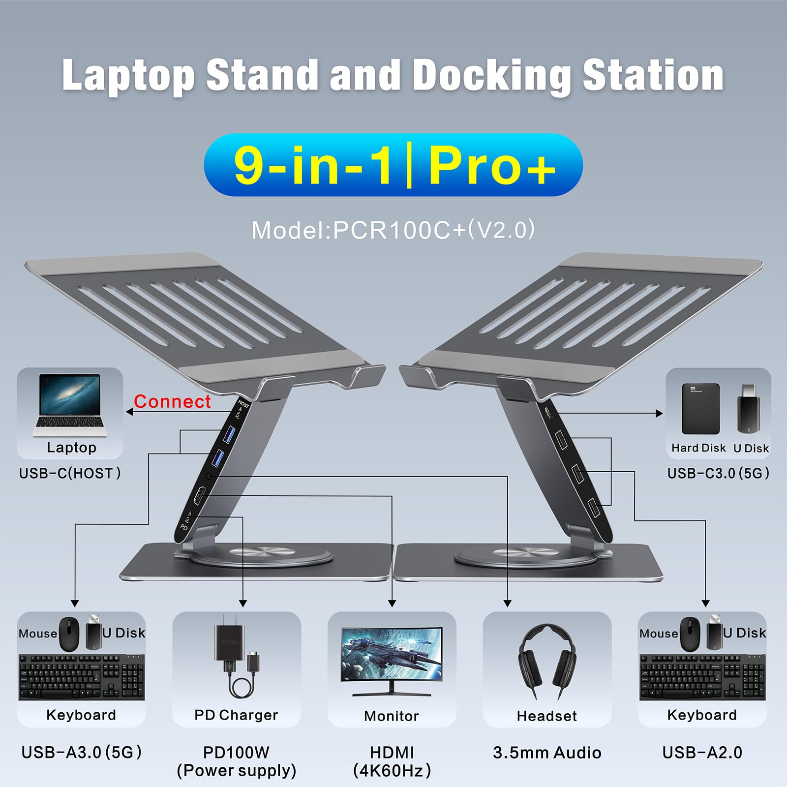 Soporte ajustable para computadora portátil con estación de acoplamiento 9 en 1, elevador de aluminio para portátil con hub USB, giro de 360°, pantalla dual HDMI 4K60Hz, 3 USB 3.0, carga PD de 100 W