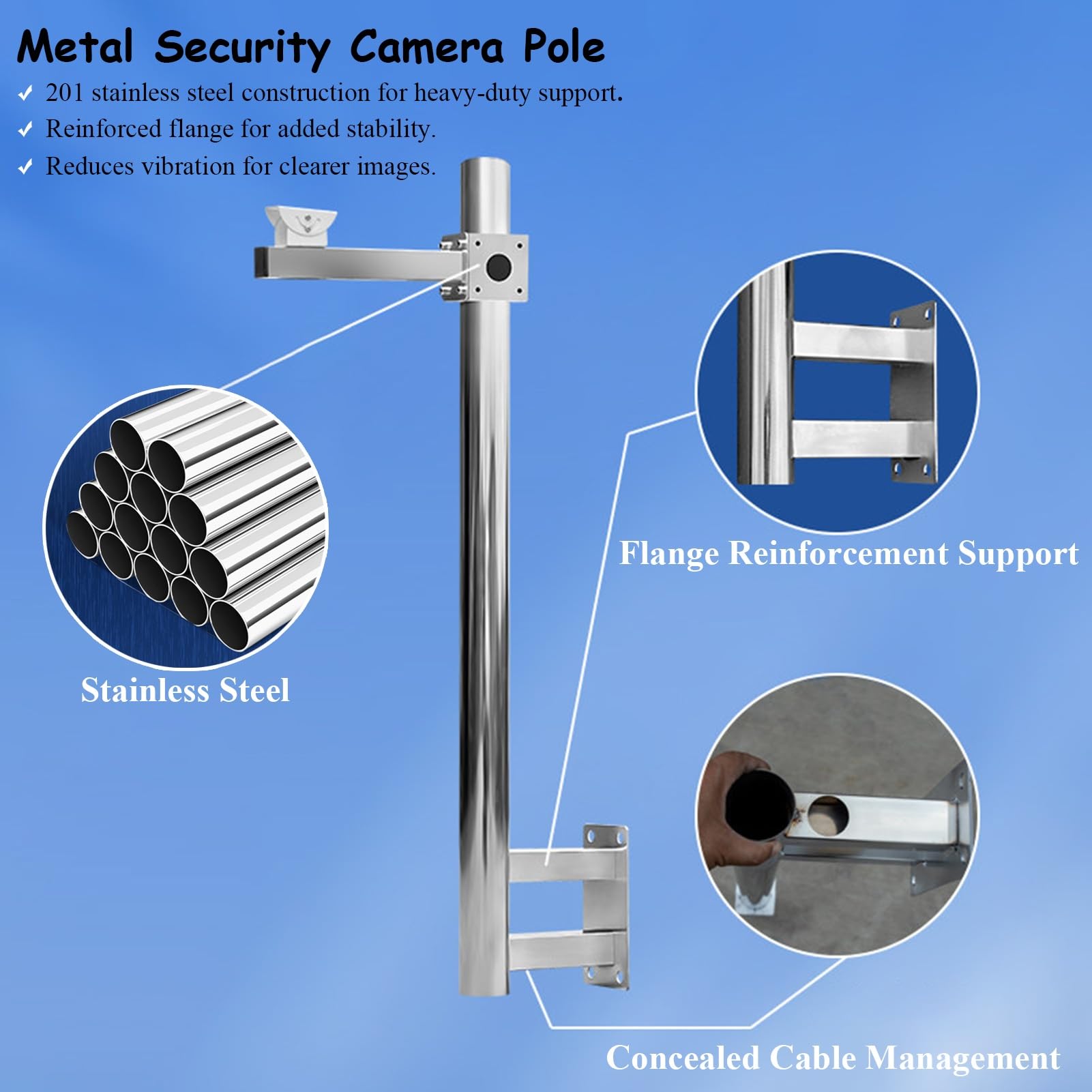 Poste de Acero Inoxidable de Alta Resistencia para cámara de Seguridad - Soporte de Pared de 2,5 Metros (8,2 pies) para cámaras de vigilancia Interiores y Exteriores - Soporte metálico - LON