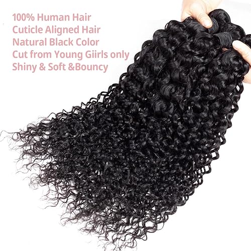 Miniatura 4 de Extensiones de cabello humano virgen brasileño rizado sin procesar, 3 paquetes de cabello humano virgen grado 12A, ondulado, negro natural, 22, 24,