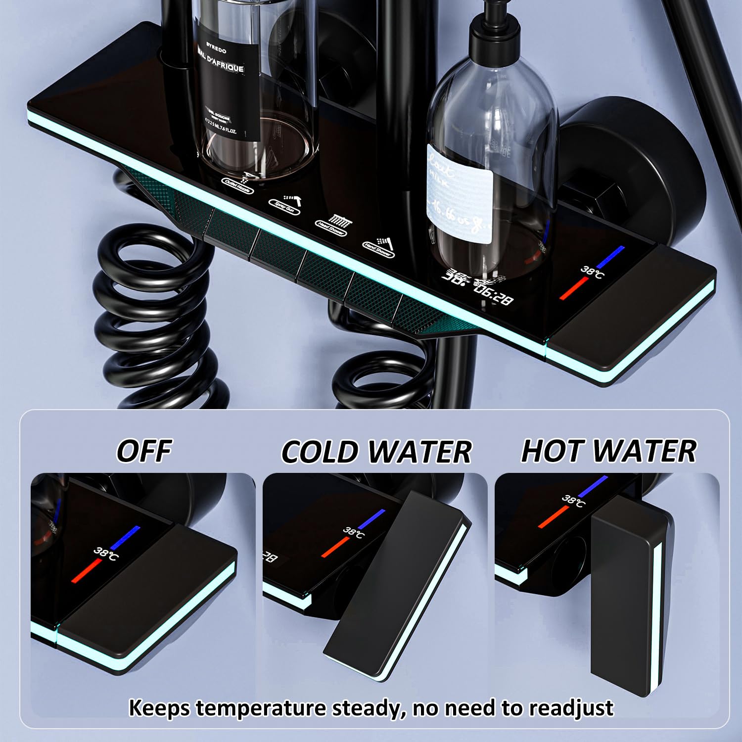 Columna de Ducha 4 en 1 Negra con Pantalla LED, Botones Tipo Piano, Ducha de Lluvia Cuadrada XXL 31x20cm, Teleducha y Grifo para Bañera, Altura Ajustable 90-140cm