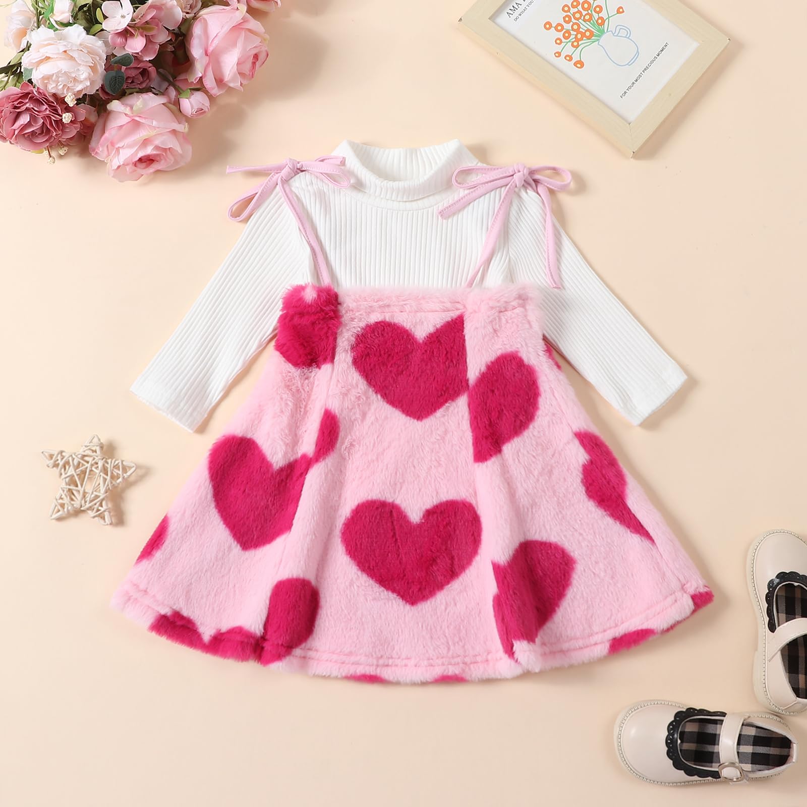 Baby Girl Valentines Day Outfit Toddler Girls Valentine Dress Ribbed Shirts Heart Print Fuzzy Skirts Clothes Set (Fuzzy Heart Print Pink, 4-5T)