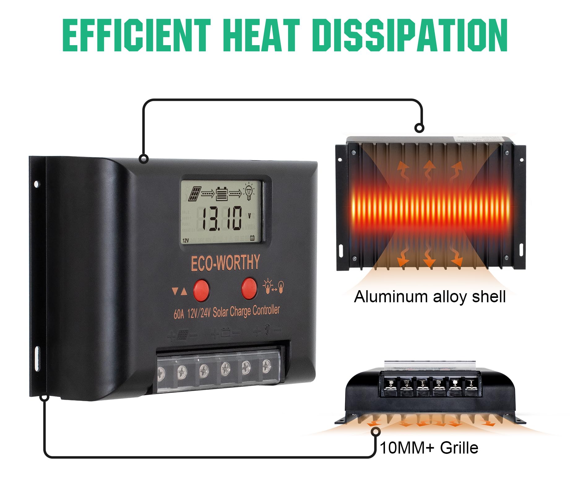 ECO-WORTHY Regolatore di carica solare 12 V/24 V 60 A con display LCD per batterie SALE/GELLI/FLD, protezione intelligente del modulo multi-carico max. 2000 W per camper / casa/fattoria