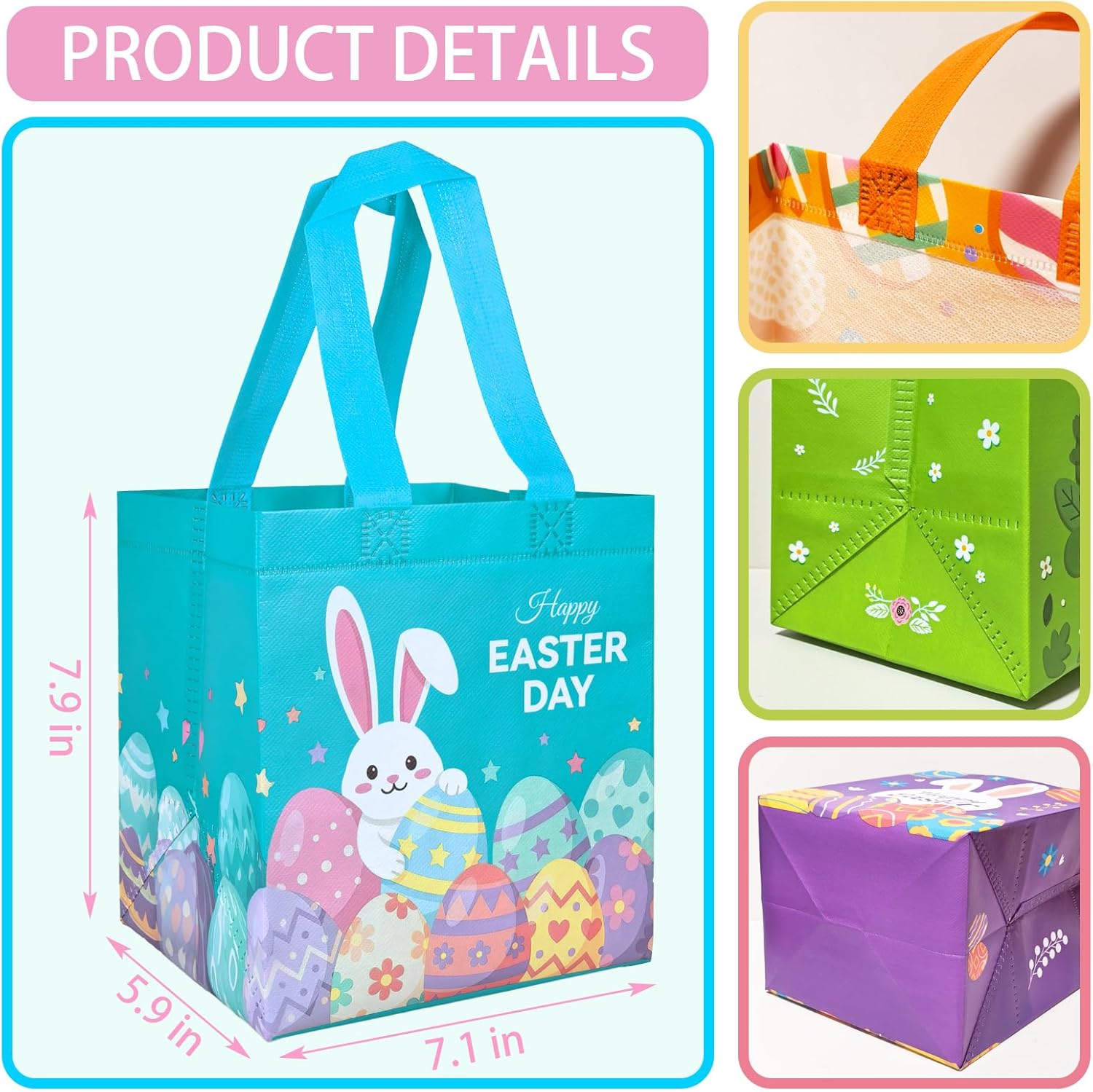 Yokodaza 8 Pack Easter Gift Bags with Handles, Reusable Non-Woven Treat Totes, Bunny Carrot Chick Egg Designs, Holiday Party Favors for Kids Adults, Easter Egg Hunt Supplies, Gift Wrapping Baskets - Image 2