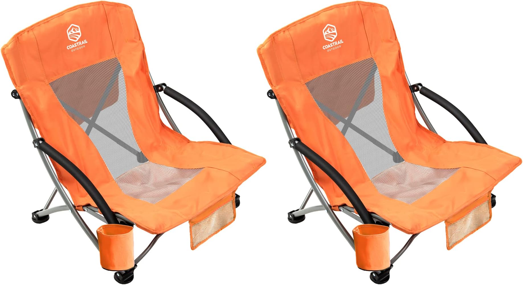 Coastrail OutdoorBeach Chair Low Profile Mesh Back Folding Chair with Cup Holder & Cooler & Phone Bag for Outdoor Camping Beach, Supports 300 lbs