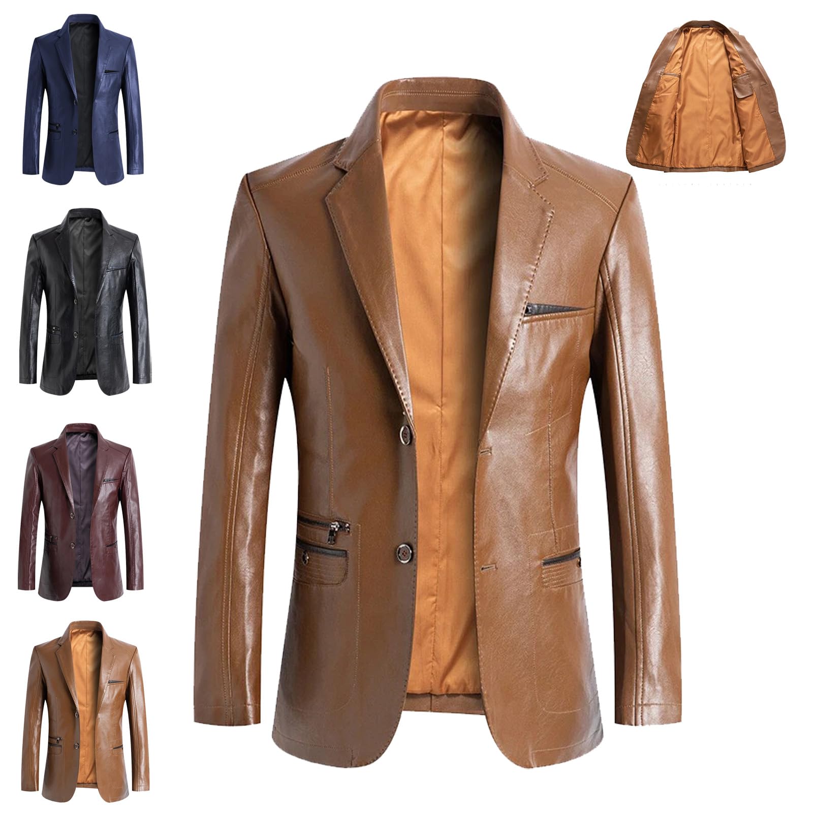 WINDEHAO Men's Leather Blazer Real Lambskin Casual Lapel Fit 2 Button Jacket, Slim Business Suit Blazers Smart Motorcycle Biker Jacket (brown,L)