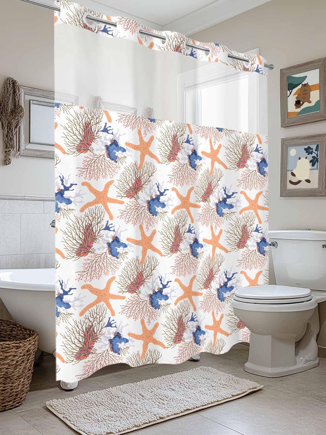 No Hook Shower Curtain with Snap in Liner, Summer Ocean Starfish Coral Waterproof Bath Curtain Double Layers with See Through Top Window, Coastal Nautical Marine Themes Hotel Shower Curtains