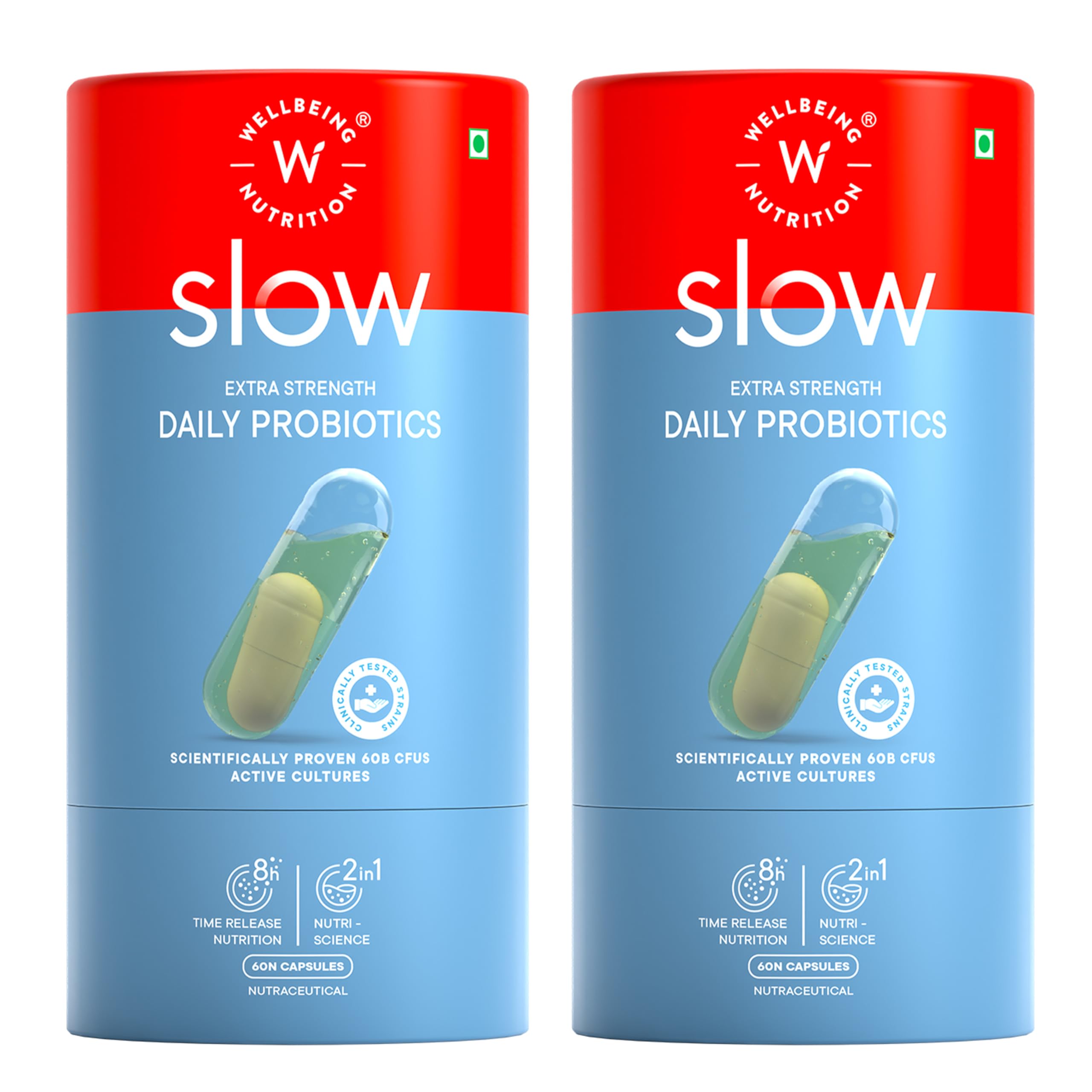 WELLBEING NUTRITION Advanced Daily Probiotics + Omega 3|Clinically Proven 60 Billion Cfu,14 Unique Strains|For Bloating,Ibs,Immunity,& Clear Skin|60 Capsules (Pack Of 2,1 Count)