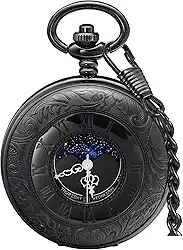 Relógio de bolso vintage com escala de números romanos, calendário de fases da lua, quartzo, relógio de bolso com corrente, melhor presente