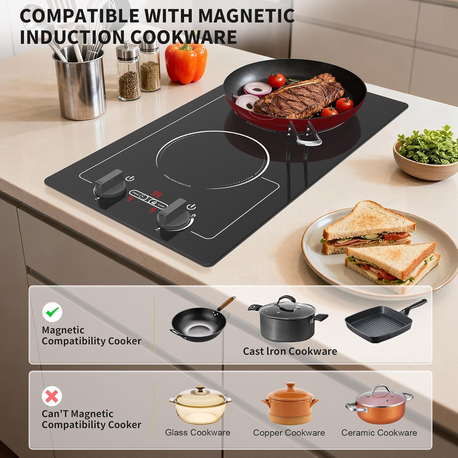 VBGK - 2 Brenner Induktionskochfeld, 110V 2300W Doppelbrenner-Heizplatte mit LED-Touch-Display, 9 Leistungsstufen, Kindersicherung und Timer, Schutz vor