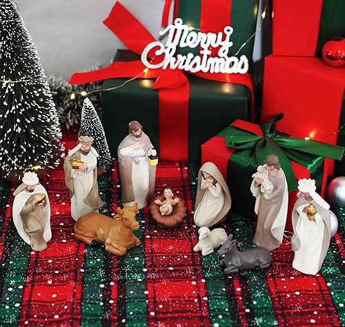 Miniatura 9 de Belén de Navidad de 10 piezas – Belén con pesebre, santa familia y animales, pintado a mano de resina para interiores