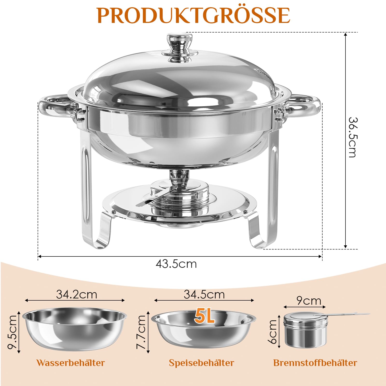 TLGREEN 4 Pezzi Set Chafing Dish Buffet Rotondo 4X5L, Scaldavivande in Acciaio Inox Contenitore Vassoio di Riscaldamento con Coperchi Pentole per Catering, Matrimoni, cene, Buffet, Feste