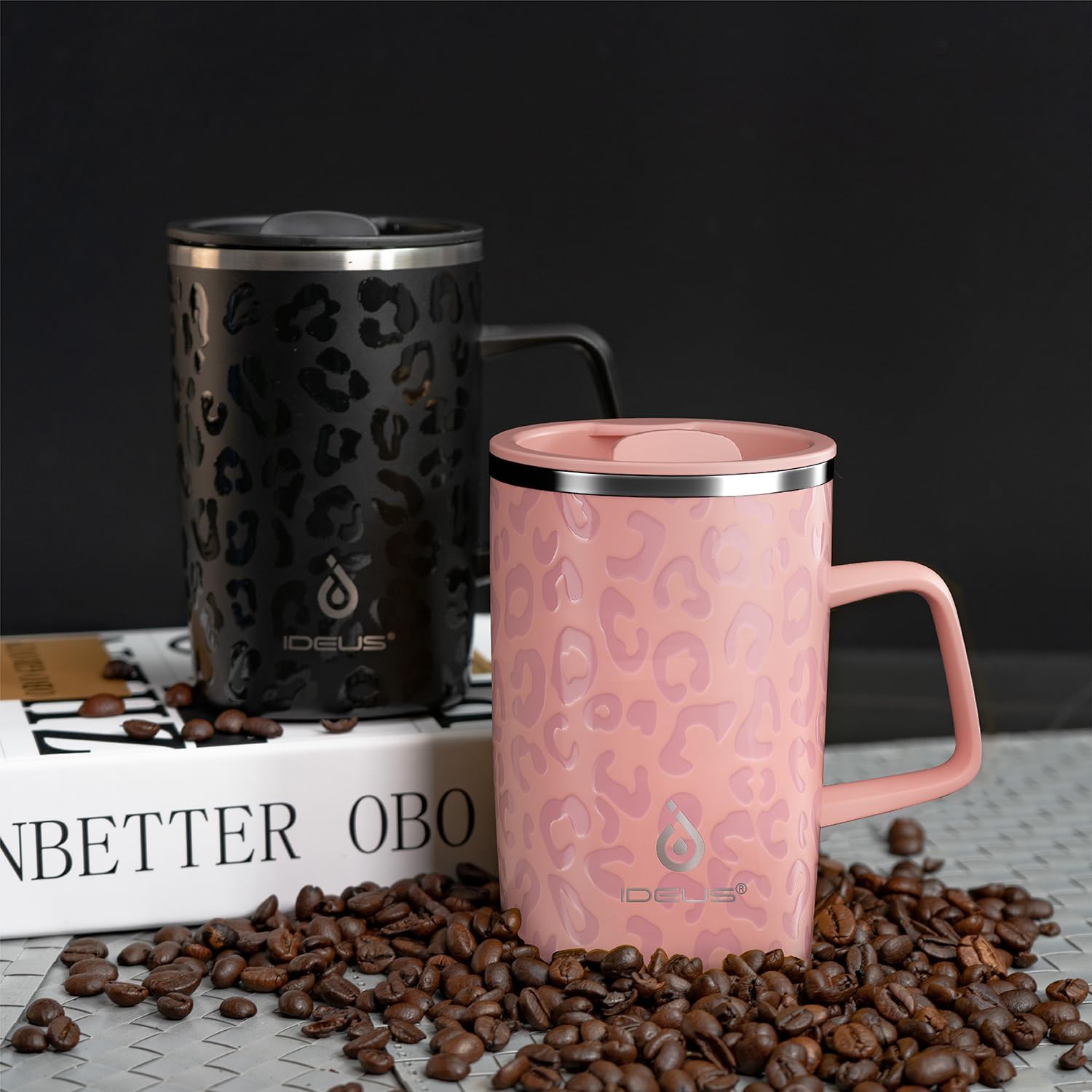 Ideus Vacuum Insulated Coffee Mug, 16oz Reusable Stainless Steel Thermal Double Walled cup with Handle and Slider Lid for Hot & Cold Beverages, BPA Free (Leapord Pink) - Image 9