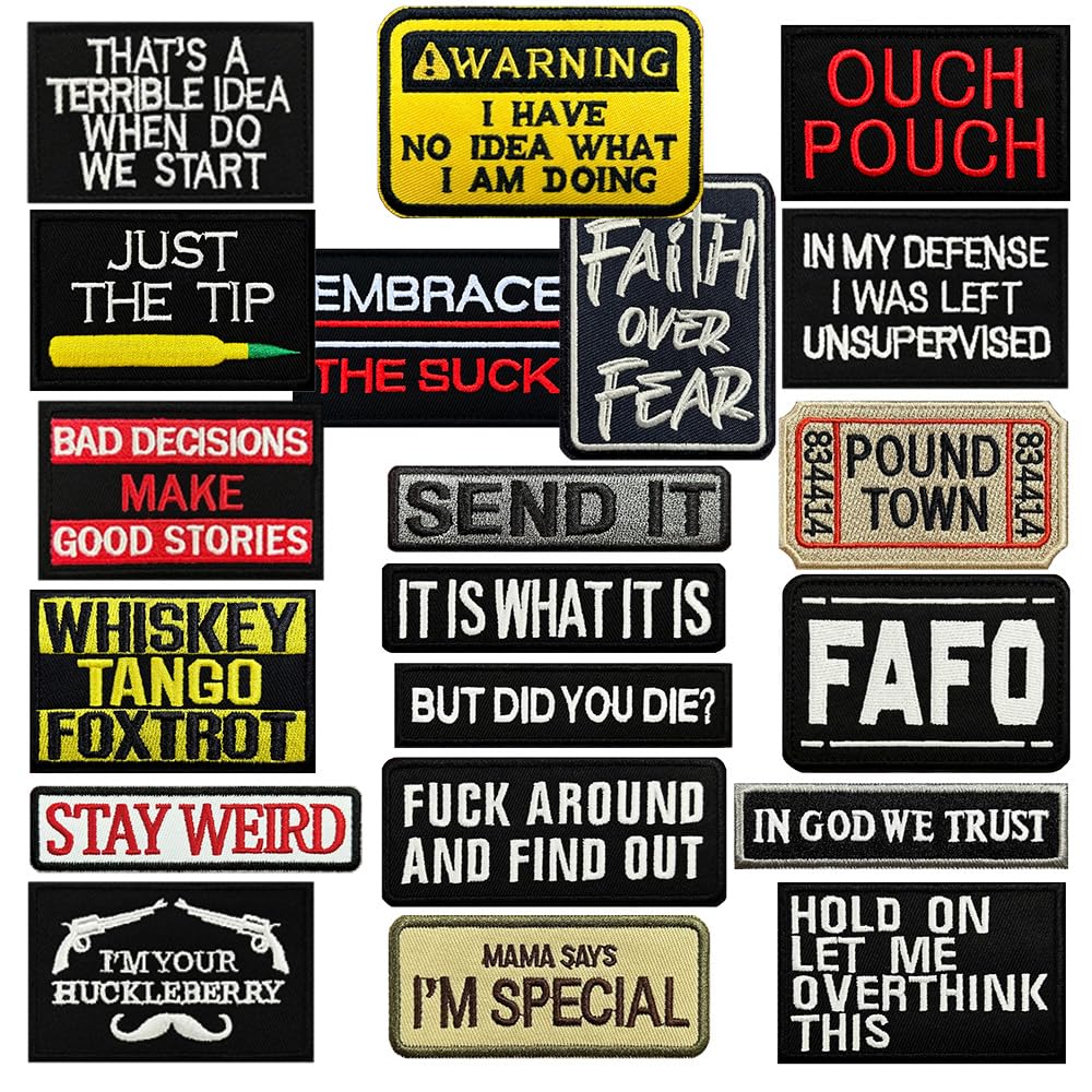 20PCS Funny Tactical Morale Patches - Embroidered Hook & Loop Patches with Sarcastic Sayings, Phrase Patches for Backpack, Vest, Cap, Jacket, Dog Harness, Tactical Gear DIY Accessories