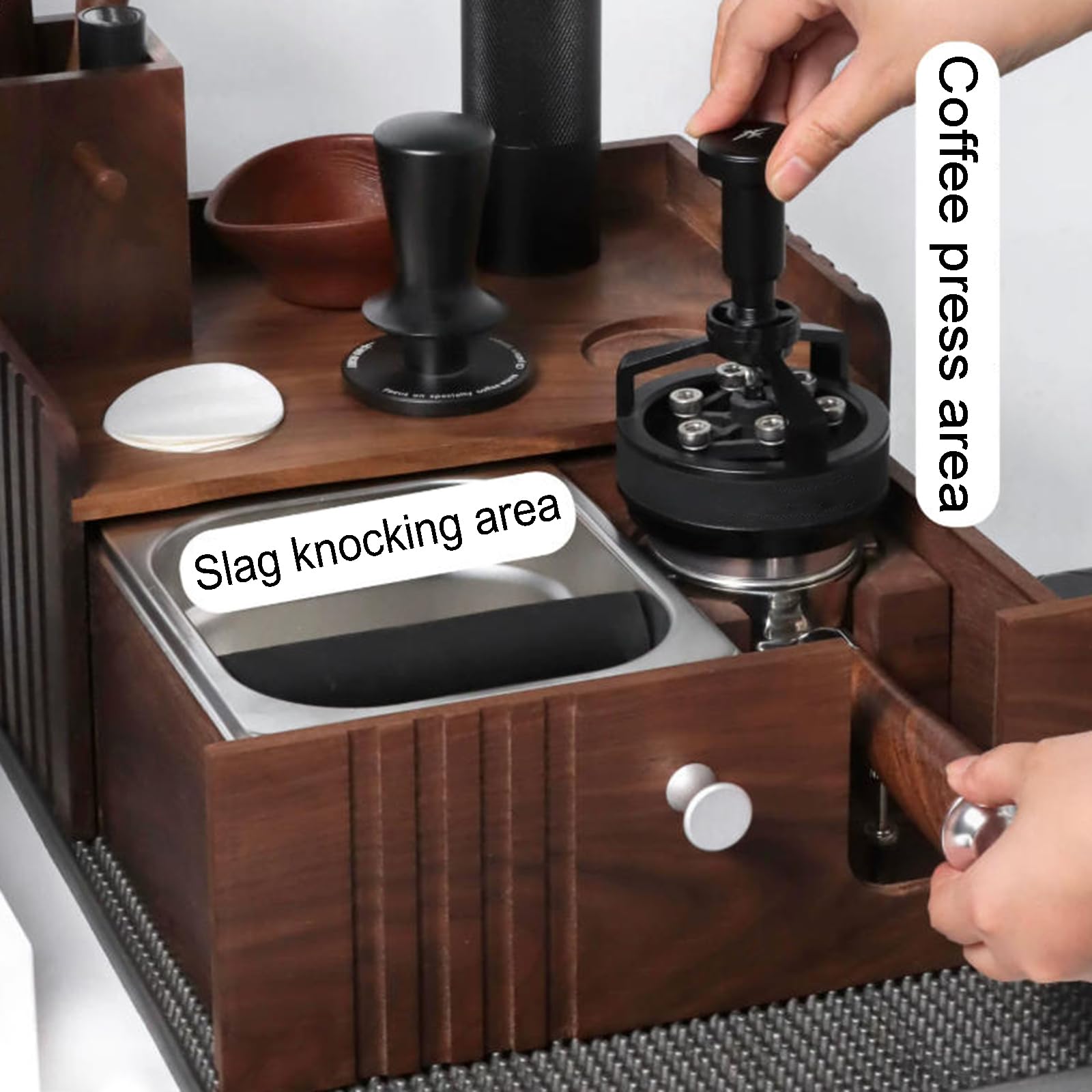Stacja do ubijania espresso, drewniana pukanka, ze zdejmowaną szufladą, uniwersalny uchwyt portafiltra 58 mm, do przechowywania dystrybutora tampera, organizer do baru kawowego