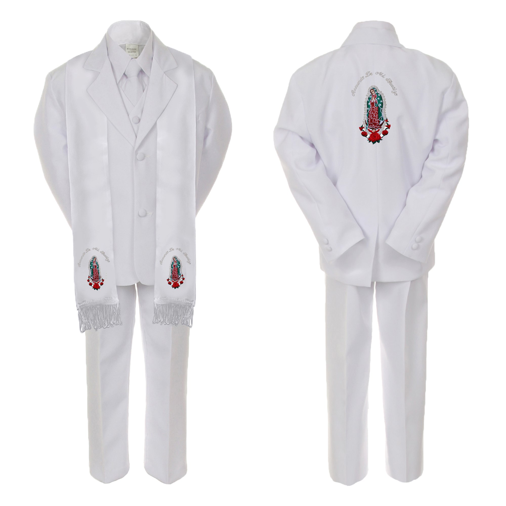 Baby Boy Teen Baptism Formal White Suit Silver Guadalupe on Stole & Back SM-20