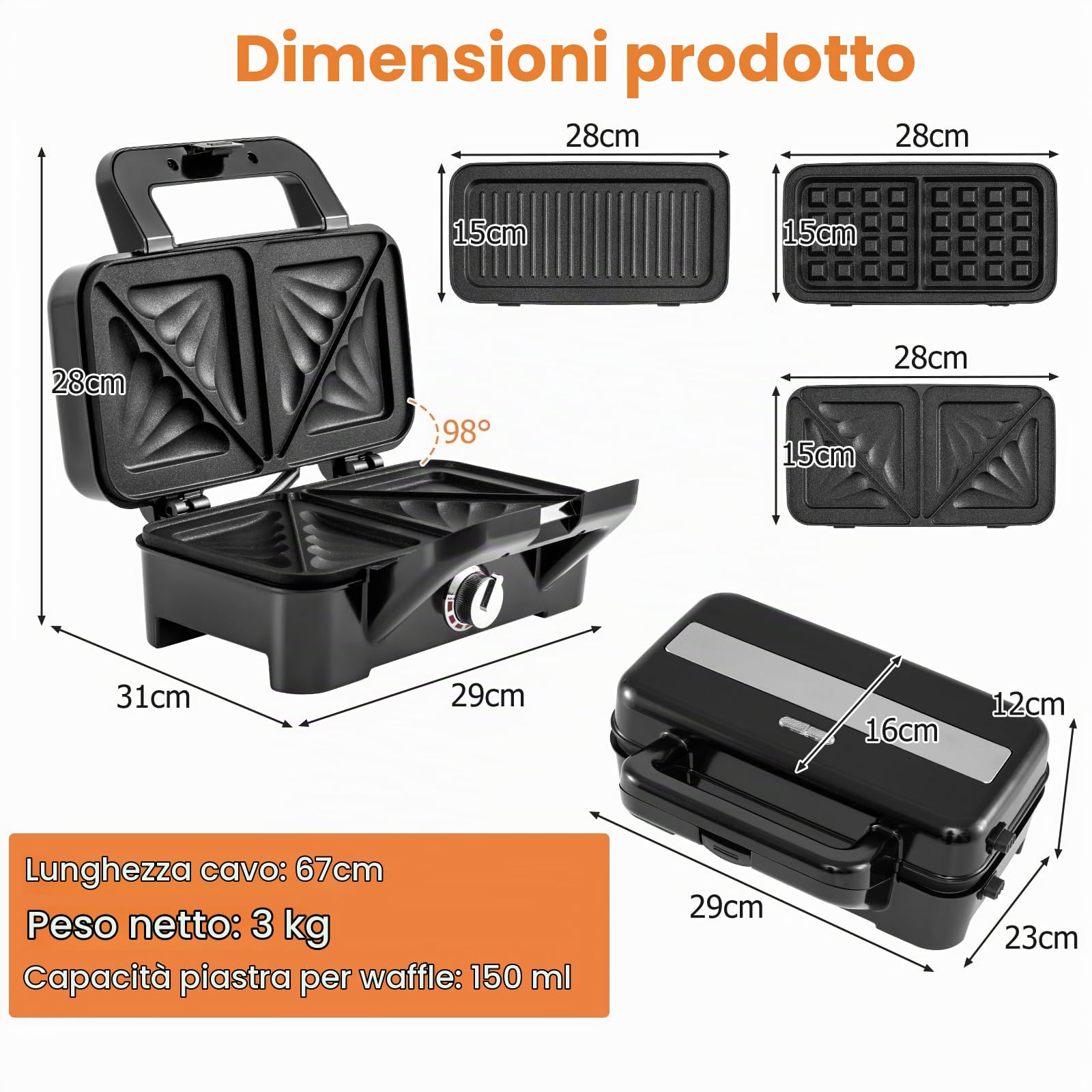 SOARS Tostapane 1200W, Piastra per Panini Sandwich Waffle 3 in 1, 5 Temperature Regolabili, Doppia Faccia, Piastra Grill Rimovibile e Lavabile, Protezione contro Surriscaldamento, Nero
