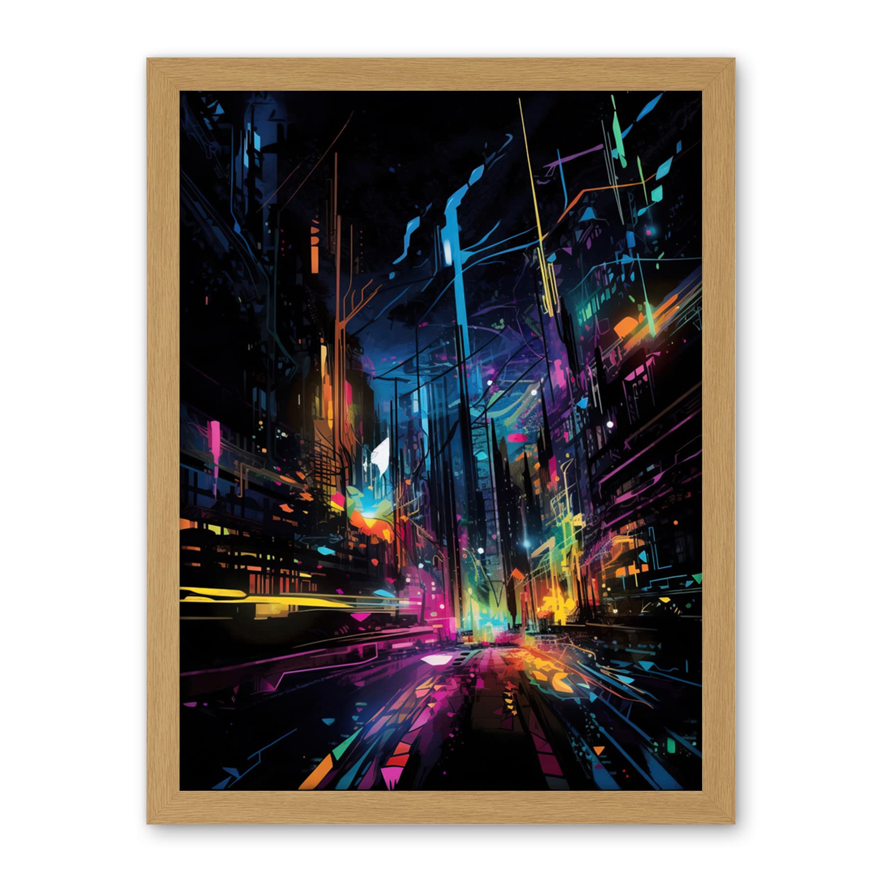 Artery8 New York City at Night Modern Abstract Neon Contrast Painting Artwork Framed Wall Art Print 18X24 Inch