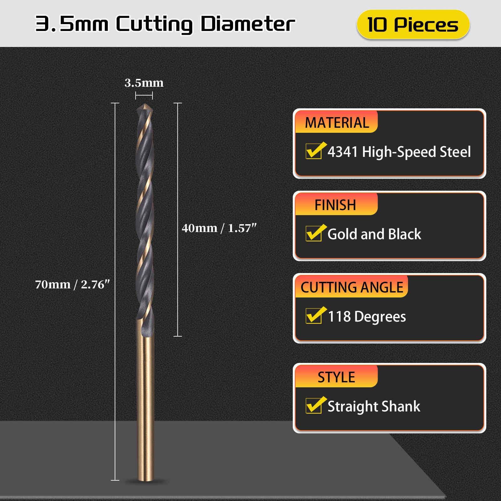 CoCud Drill Bit, 3.5mm Cutting Diameter, 4341 HSS Jobber Bits Gold and Black 118° Cutting Angle - Image 2