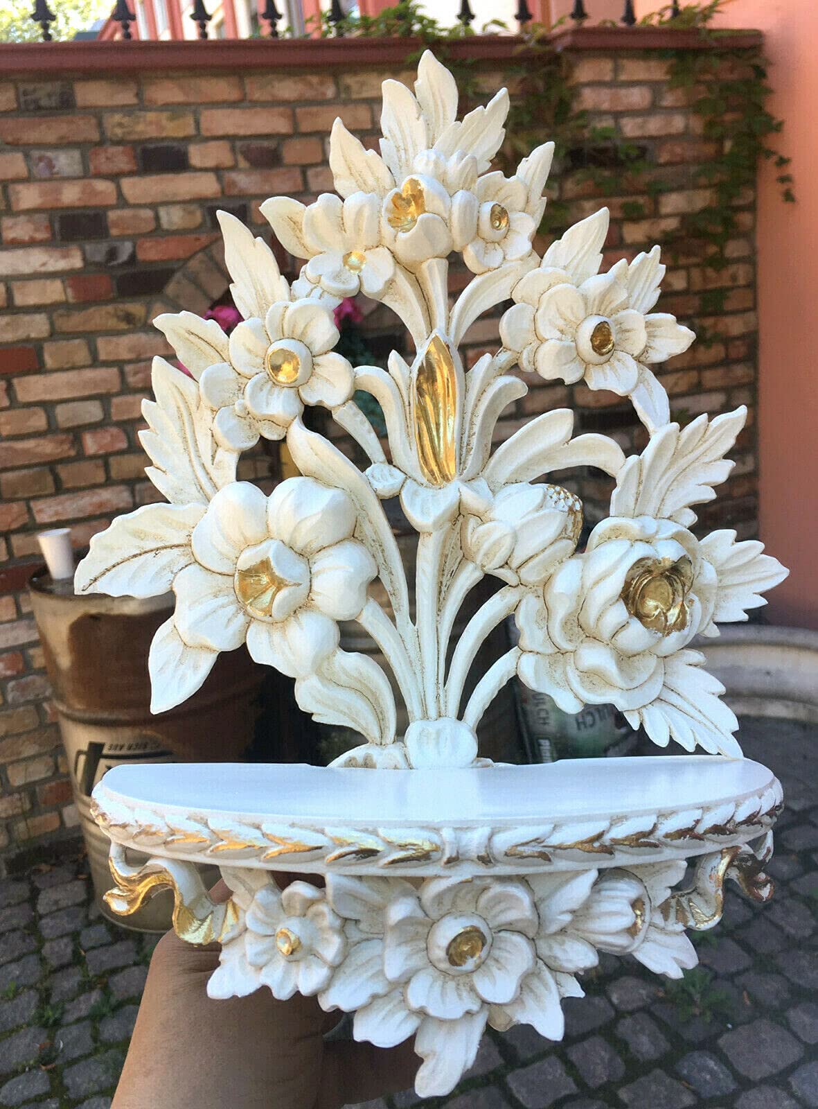 Wandkonsole Barock Elfenbein Gold/Spiegelkonsolen/Wandregal/Deko H35 Blumen cp82
