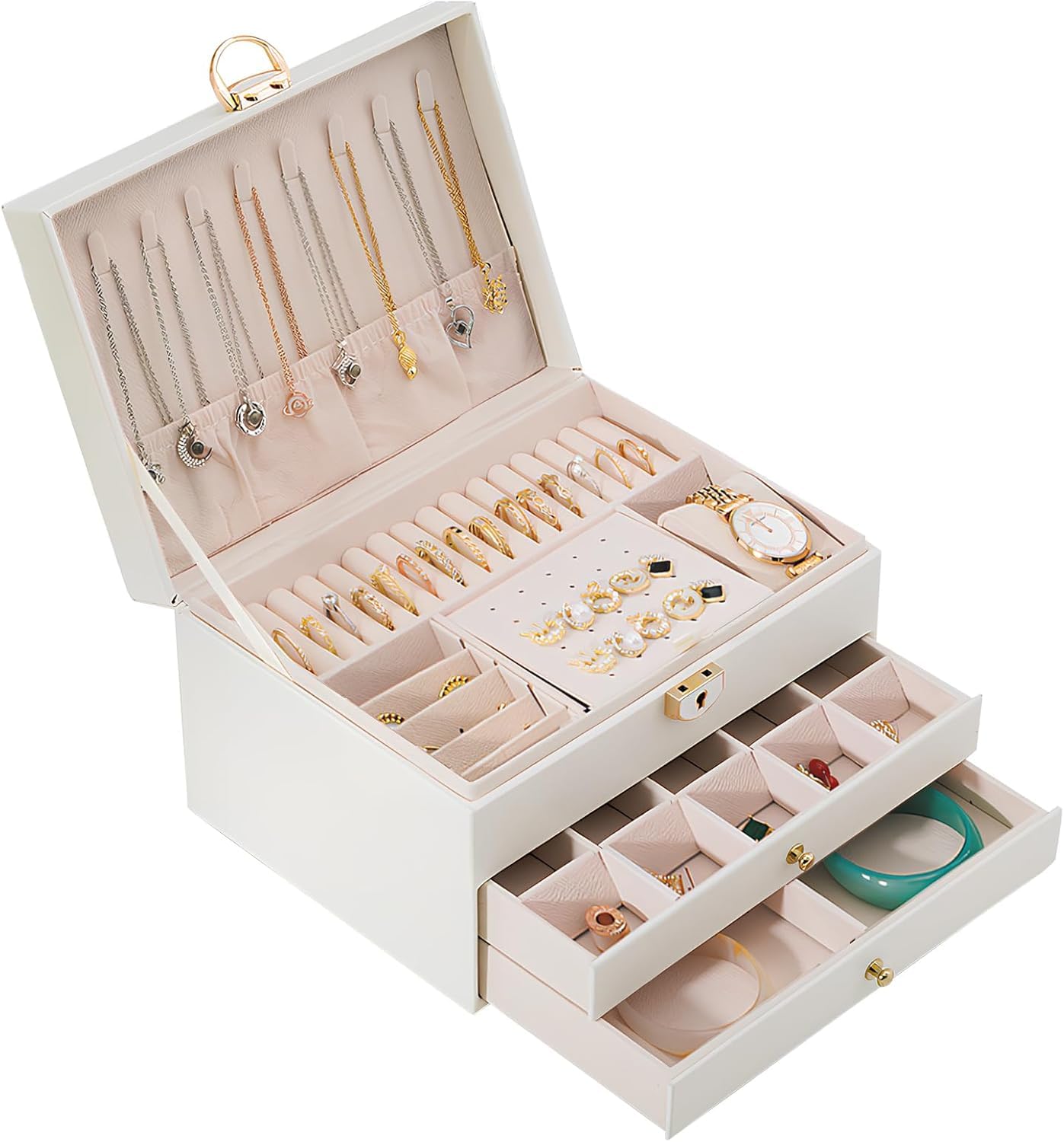 Portagioie Con 3 Ripiani e 54 Scomparti - Organizer Impilabile per Gioielli, Anelli, Orecchini e Collane - In Velluto e Acrilico (Beige