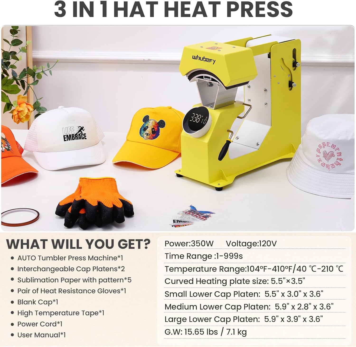 Whubefy Auto Hat Heat Press Machine, 3-in-1 Hat Press Heat Machine for Caps with 3 Platens, Blank Cap, Gloves, Automatic Open/Release, Heat Transfer Cap Heat Press HTV Iron On for Vinyl, Sublimation