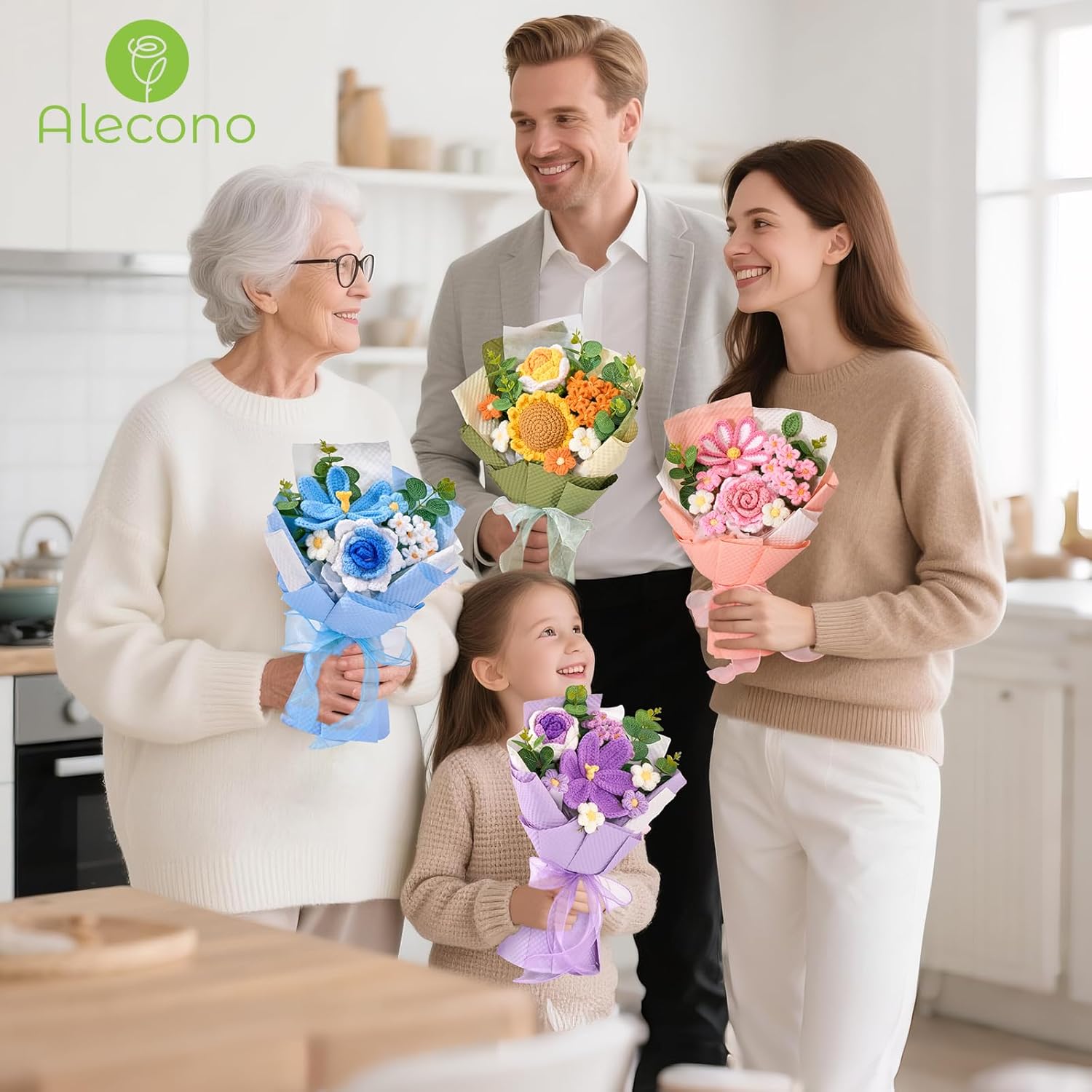 Alecono Crochet Flower Bouquet, Knitted Flowers, Purple Handmade Bouquet of Flowers for Lover Anniversary Birthday Party Mother's Day Graduation Gifts (Include Card) - Image 7