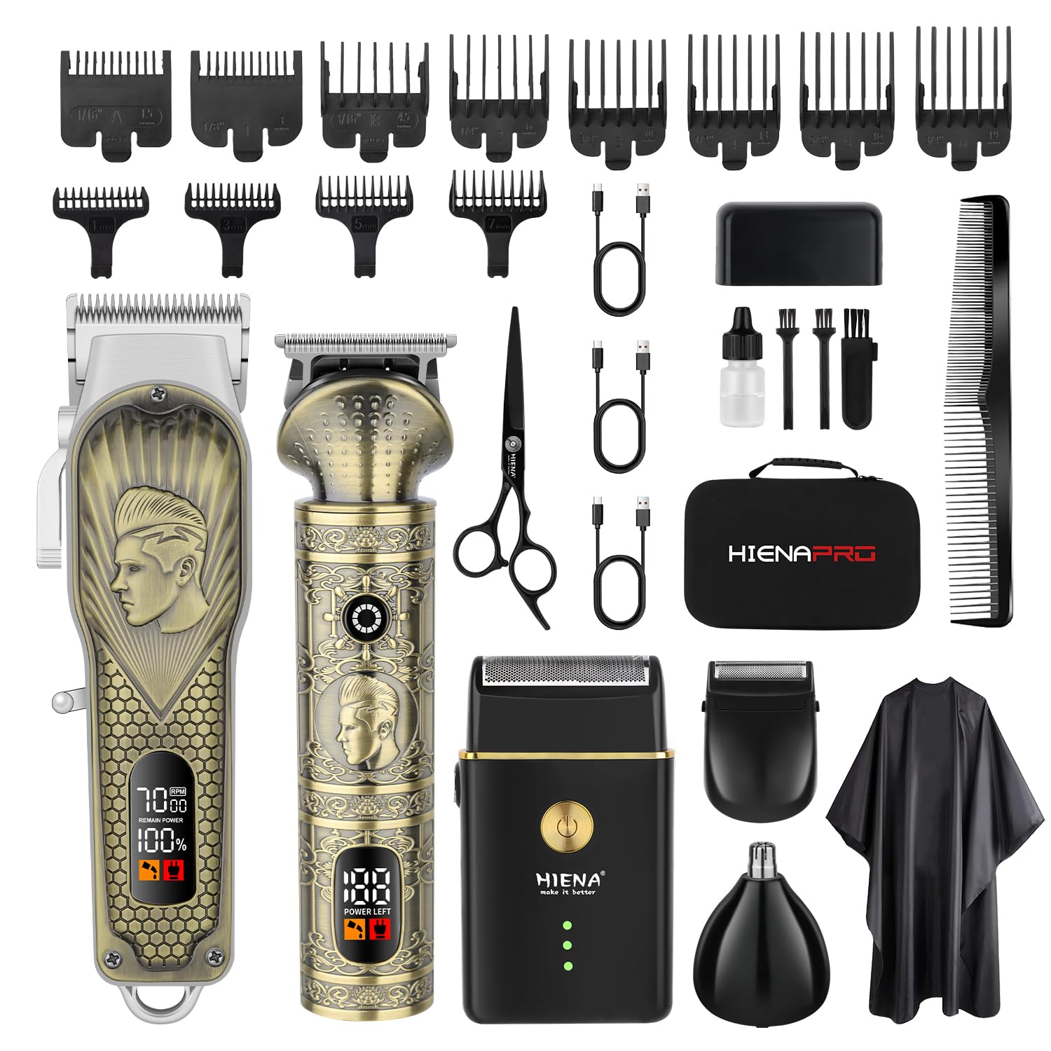 HIENA PRO Professionelle Haarschneidemaschinen Herren, schnurlose Haarschneidemaschine für Barber Clippers und Trimmer Set LED Display Haarschnitt Set mit Folienrasierer für Zuhause/Barbershop