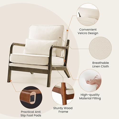 Miniatura 4 de Sweetcrispy Accent - Silla moderna de mediados de siglo con almohada, sillón tapizado, silla de lectura cómoda de tela de lino con marco de madera