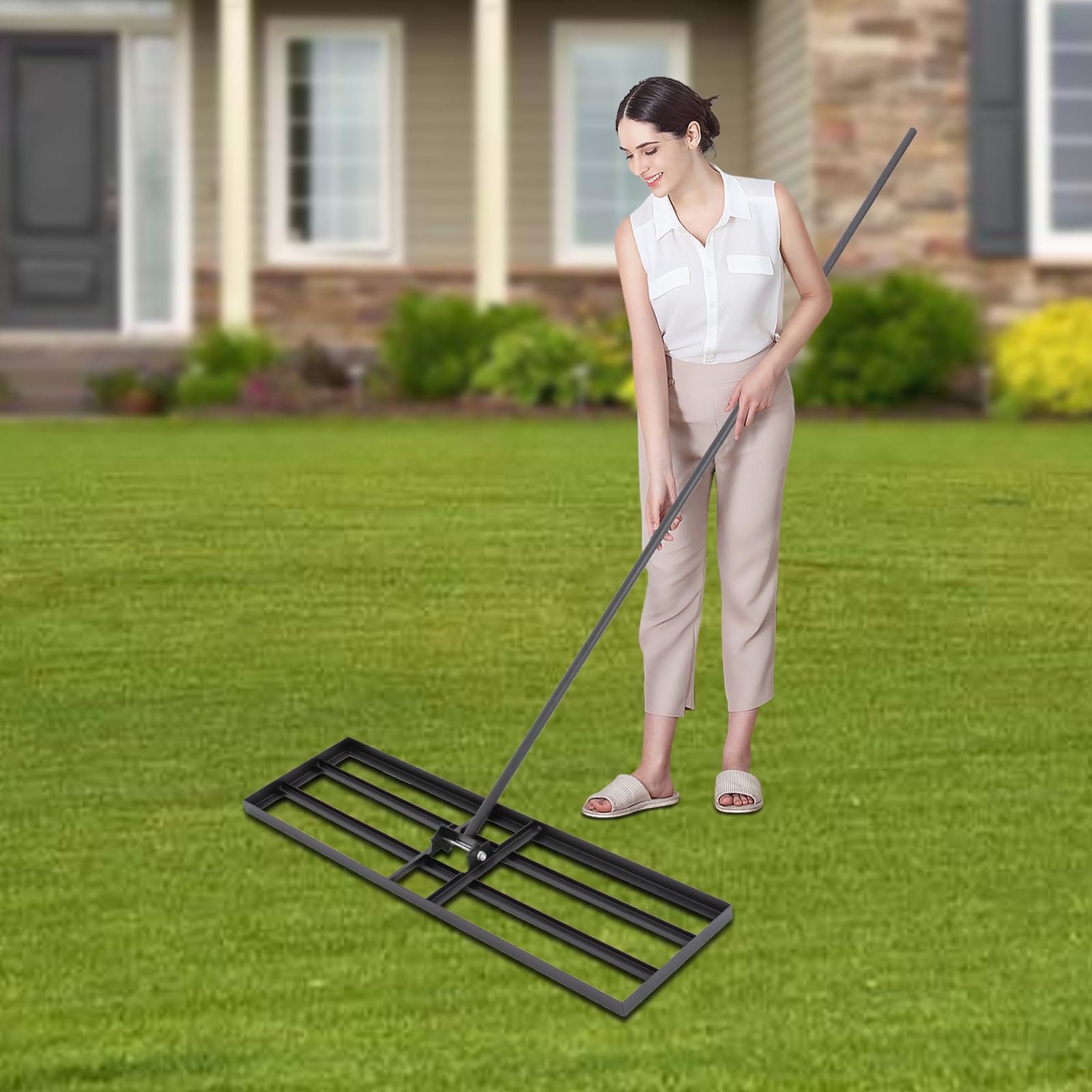 Rastrillo nivelador de césped con rotación de 180 Grados para nivelar fácilmente Superficies sucias y aceitosas en Patios, Jardines y Campos de Golf.