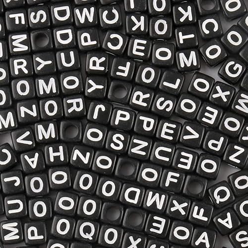 1200 cuentas del alfabeto de 0.236 x 0.236 pulgadas, cubo negro, cuentas de letras blancas acrílicas, para pulseras y fabricación de joyas