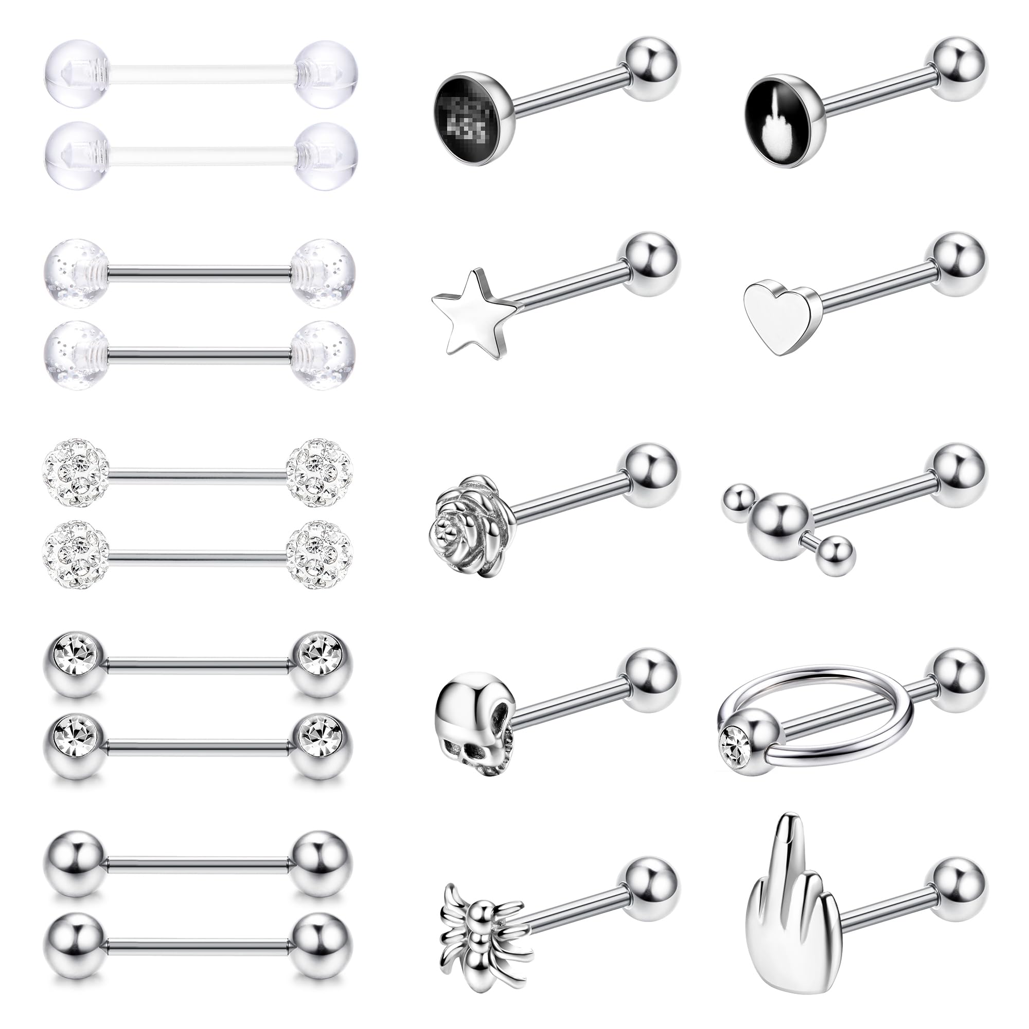 JeweBella20 Piezas 14G Piercing Lengua para Mujer Hombre Acero Quirúrgico Piercing Pezón Piercing Lengua Plata/Negro Piercing Barra Joyería 16mm