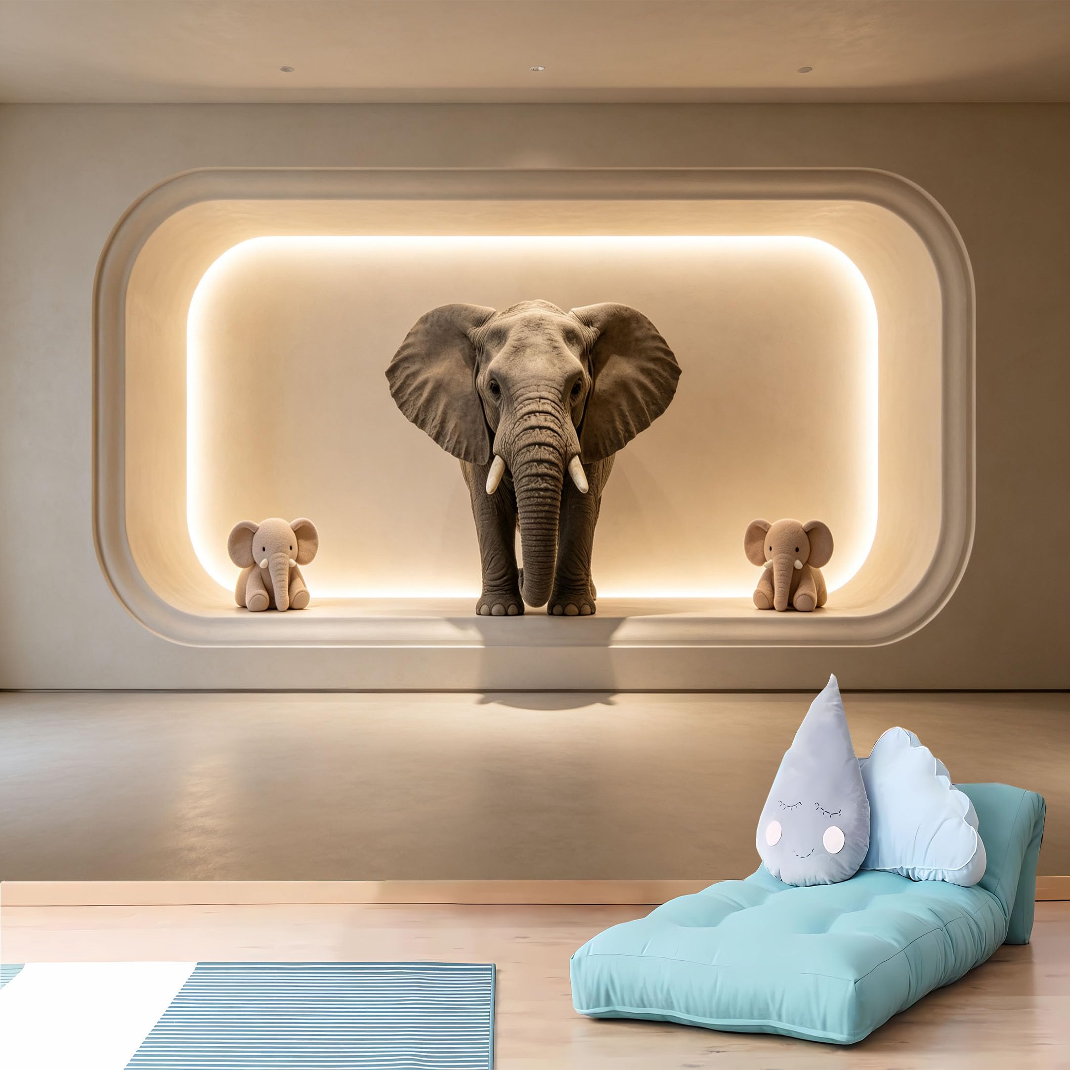 Custom Size Wall Murals 3D Elephant Family Niche Scene with Soft Lighting Realistic Wall Murals Self-Adhesive Wall Fabric (NO PVC) Removable Wallpaper for Nursery