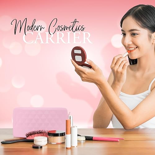 Miniatura 7 de Bolsa de maquillaje de silicona de 10 x 5 pulgadas - Cierre de botón seguro, espacioso organizador de cosméticos con fijación de correa - Perfecto