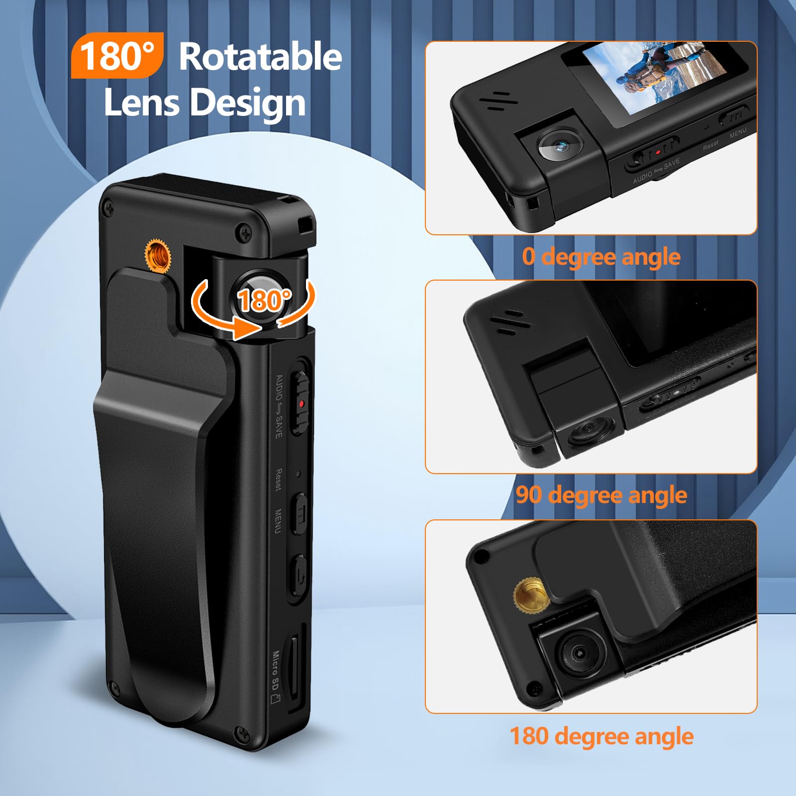 A32 64GB Caméra de Corps, Caméra Corporelle Portable avec Objectif Rotatif 180° et Détection de Mouvement, Caméscope 1080P avec Enregistrement Audio et Vidéo pour Outdoor Sports Police Livrais