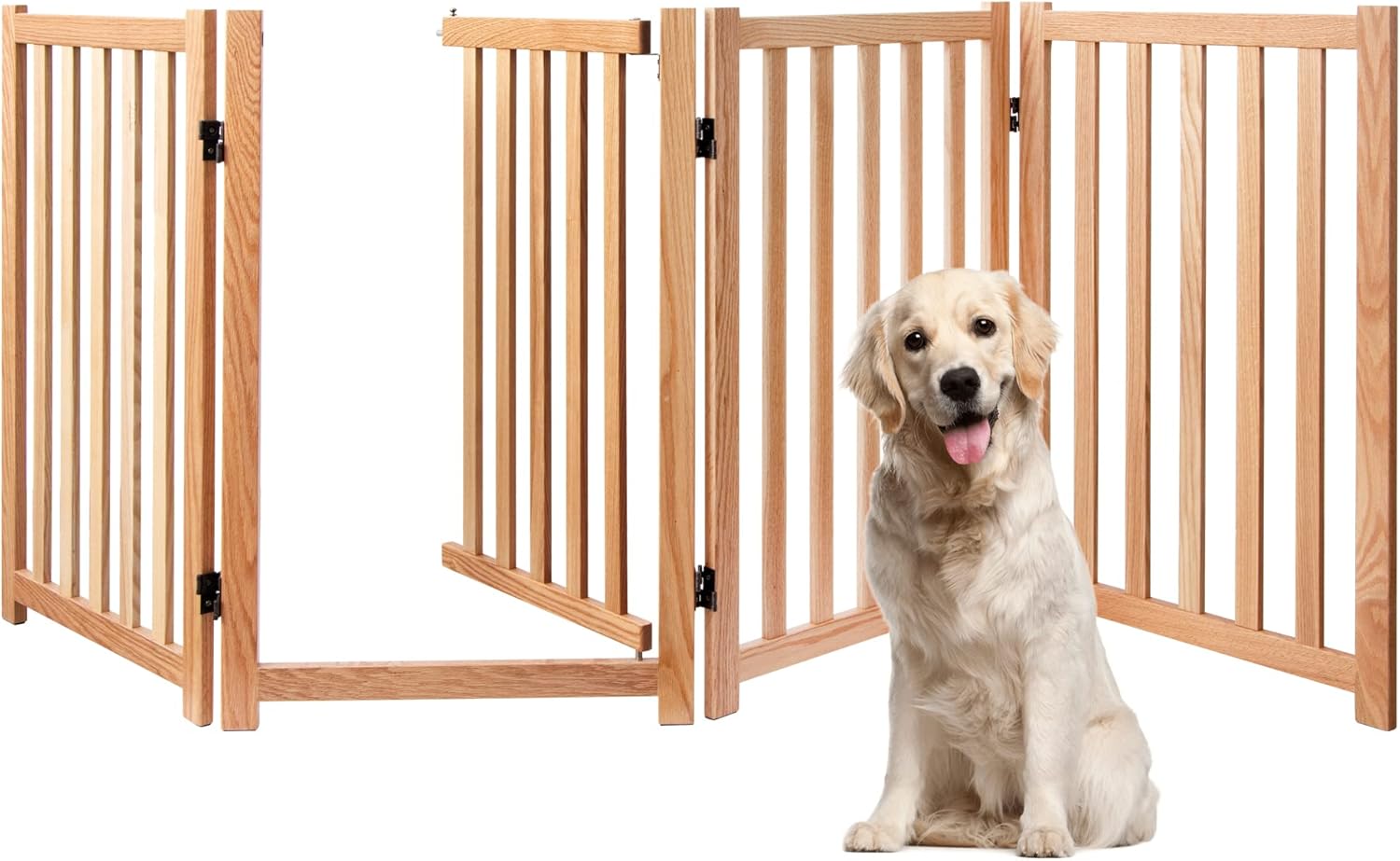 Freestanding Dog Gate-32 Solid Oak Wood Tall Pet Gate with Door Walk Through, Accordion Style Folding Fence for Stairs, Doorways, Halls & Home, Indoor House Gate Safety Fence, 4 Panels, Oak Oak 32"-4Panels