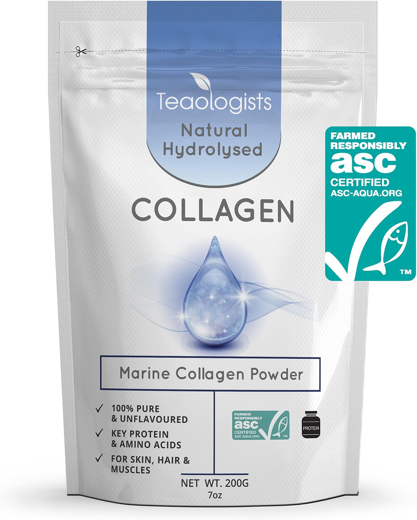 Marine Collagen Peptides Powder, Sustainably Produced Nutritional Supplements for Your Body, Nourishing Immune Support, 100% Natural, Unflavoured Collagen Powder, 200g - Teaologists