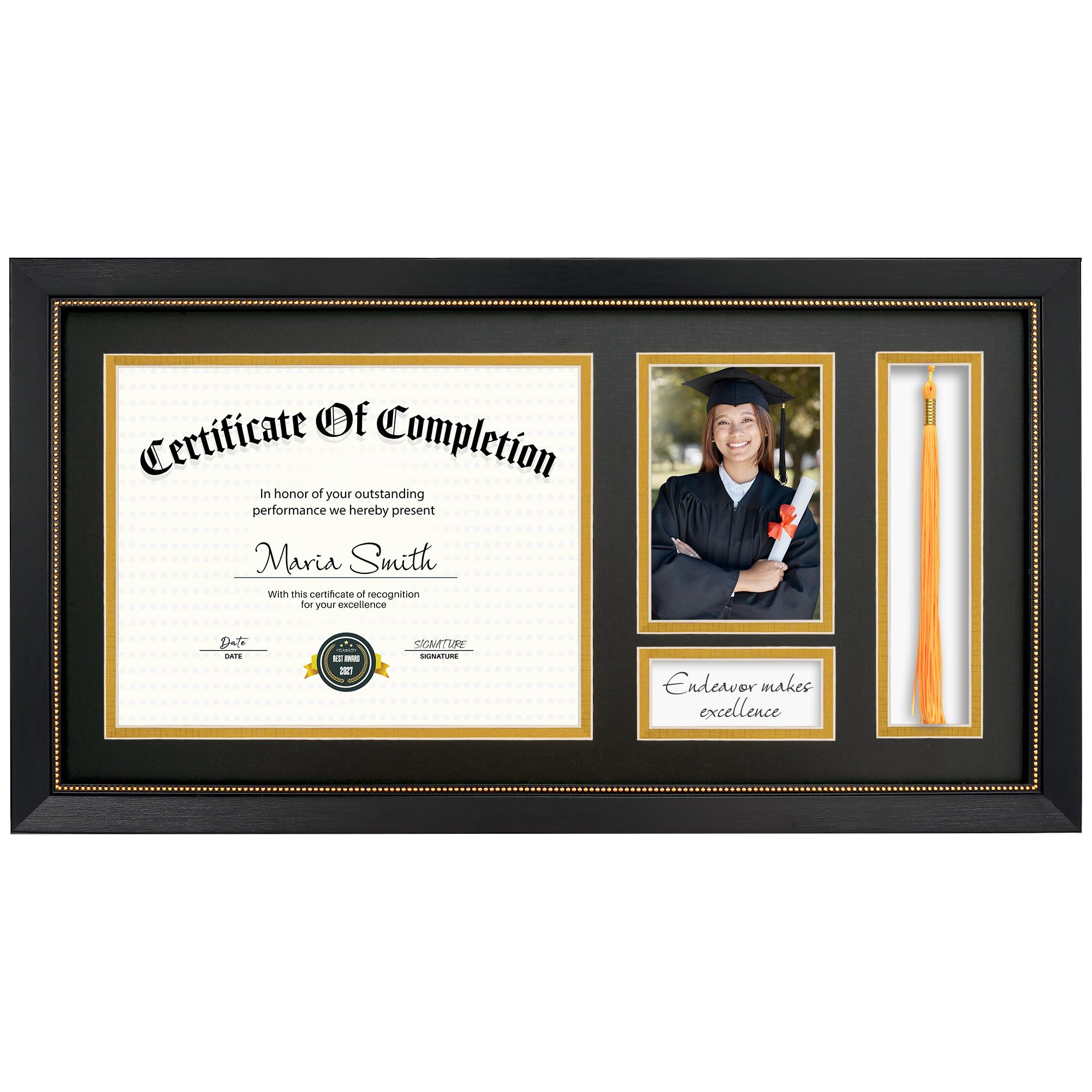 GiftMust 11x22 Diploma Frame with Tassel Holder, Graduate Frame for 8.5x11 Certificate Document and 4x6 Photo, Linen Texture Black over Gold Double Mats, HD Real Glass, Black with Gold Beads Frame