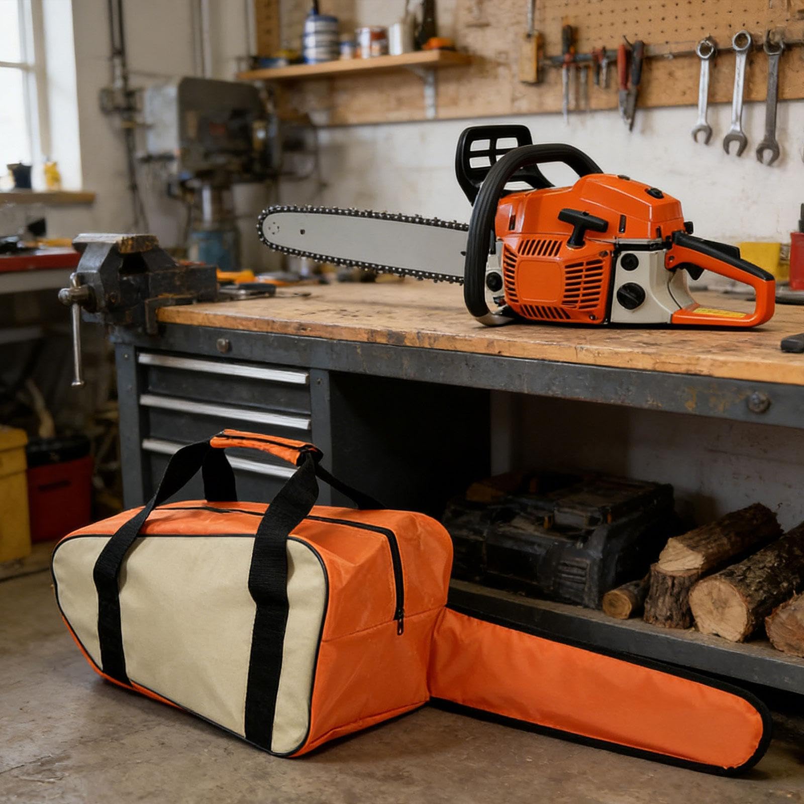F Fityle Étui de Transport pour Tronçonneuse, Sac de Transport Portable, Housse de Protection en Tissu Oxford, avec Poignées, Sac de Rangement pour Travail du Bois en Extérieur, Orange Blanc